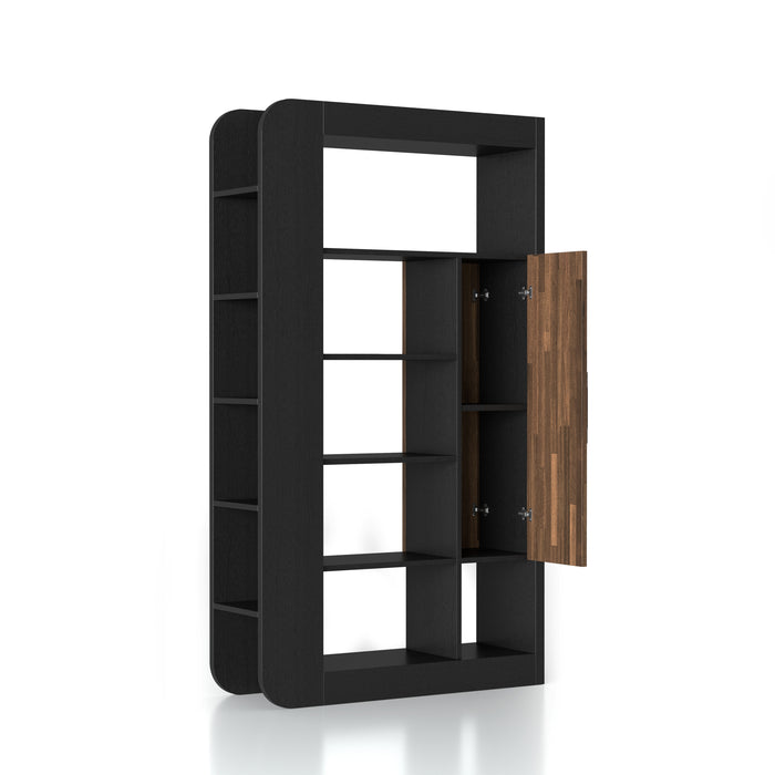 Right-angled black open-back bookcase against a white background. Eleven open shelves and two shelves within the open cabinet come together in this bookcase with a clean-cut right panel and a rounded left panel design. This rounded side panel holds five of the shelves.