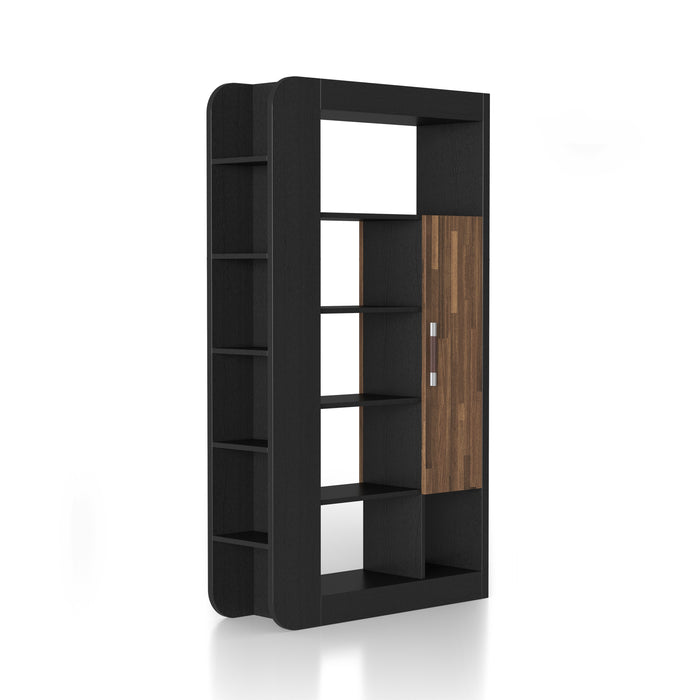 Right-angled black open-back bookcase against a white background. Eleven open shelves and a brown cabinet come together in this bookcase with a clean-cut right panel and a rounded left panel design. This rounded side panel holds five of the shelves.