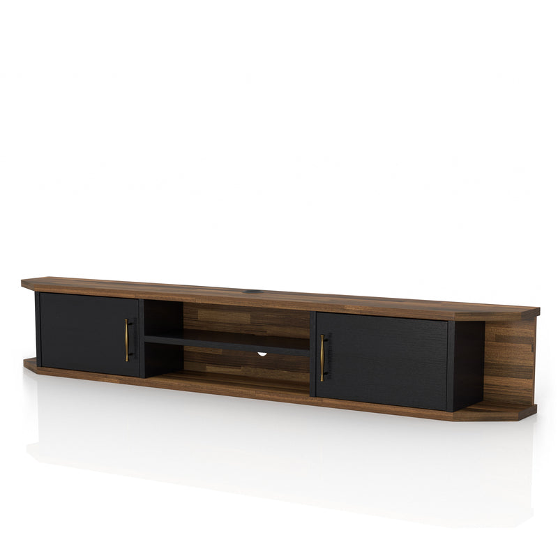 Left angled mid-century modern black floating TV console with two doors on a white background