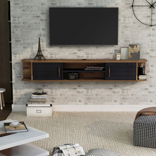 Front-facing mid-century modern black floating TV console with two doors in a living room with accessories