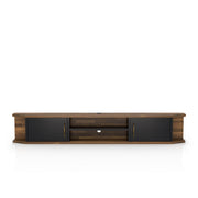 Front-facing mid-century modern black floating TV console with two doors on a white background