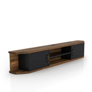 Right angled mid-century modern black floating TV console with two doors on a white background