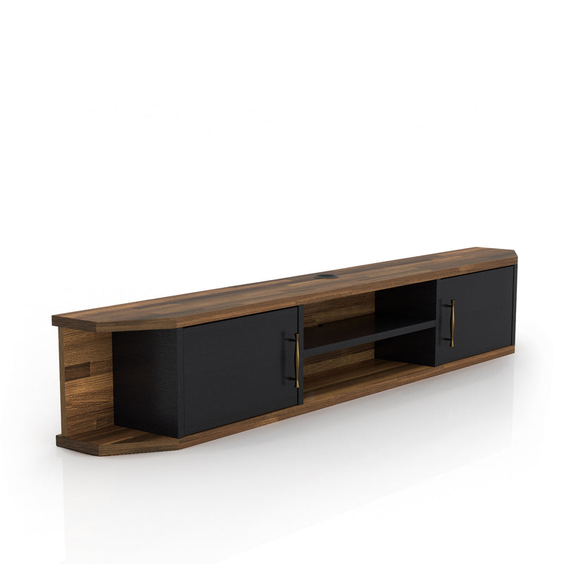 Right angled mid-century modern black floating TV console with two doors on a white background