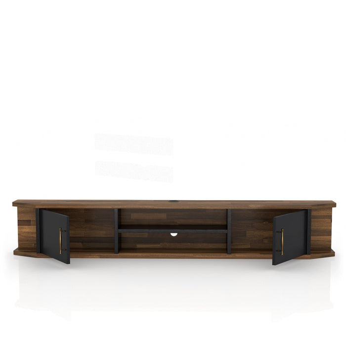 Front-facing mid-century modern black floating TV console with two doors open on a white background