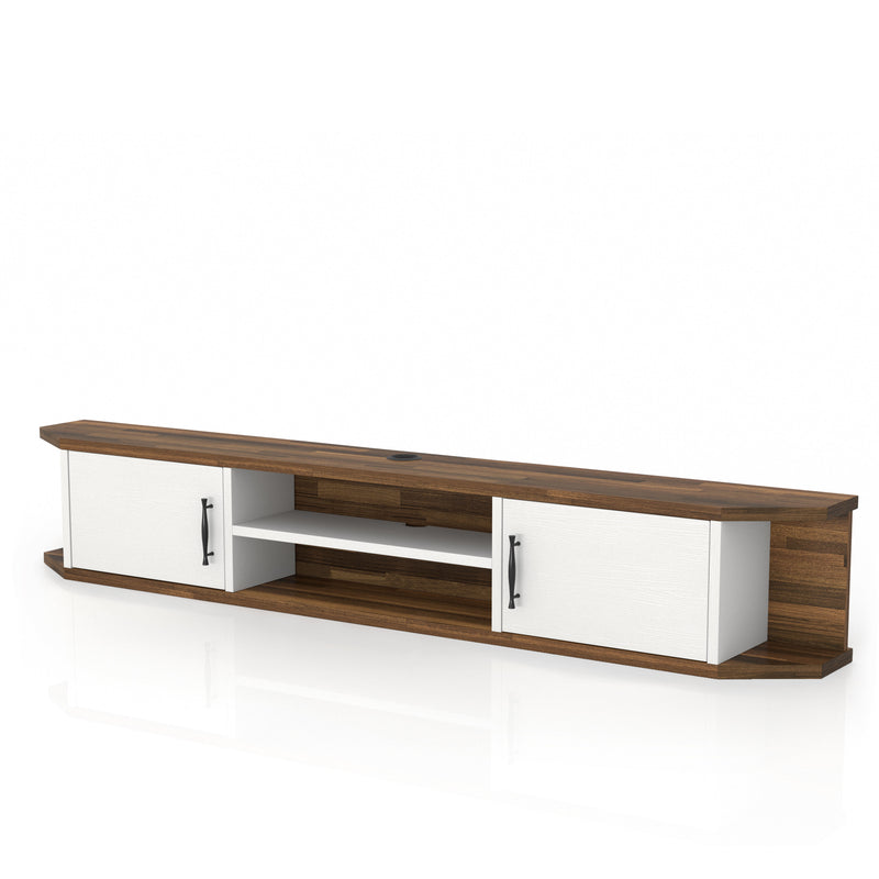 Left angled mid-century modern white floating TV console with two doors on a white background