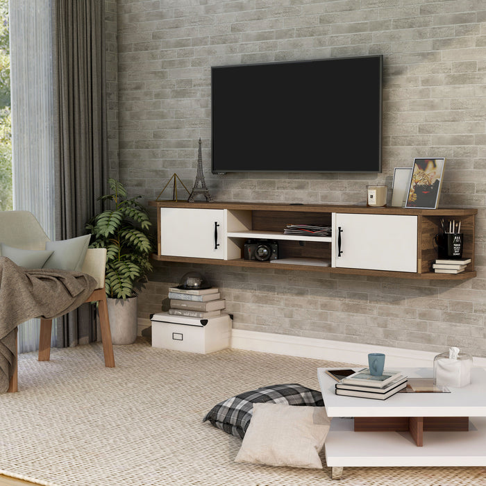 Left angled mid-century modern white floating TV console with two doors in a living room with accessories
