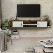 Front-facing mid-century modern white floating TV console with two doors in a living room with accessories