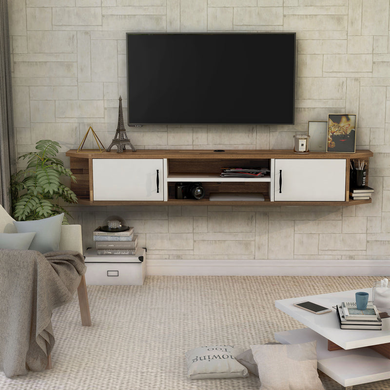 Front-facing mid-century modern white floating TV console with two doors in a living room with accessories