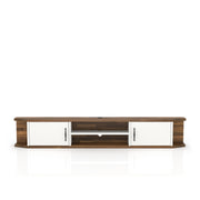 Front-facing mid-century modern white floating TV console with two doors on a white background