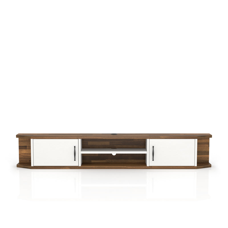 Front-facing mid-century modern white floating TV console with two doors on a white background