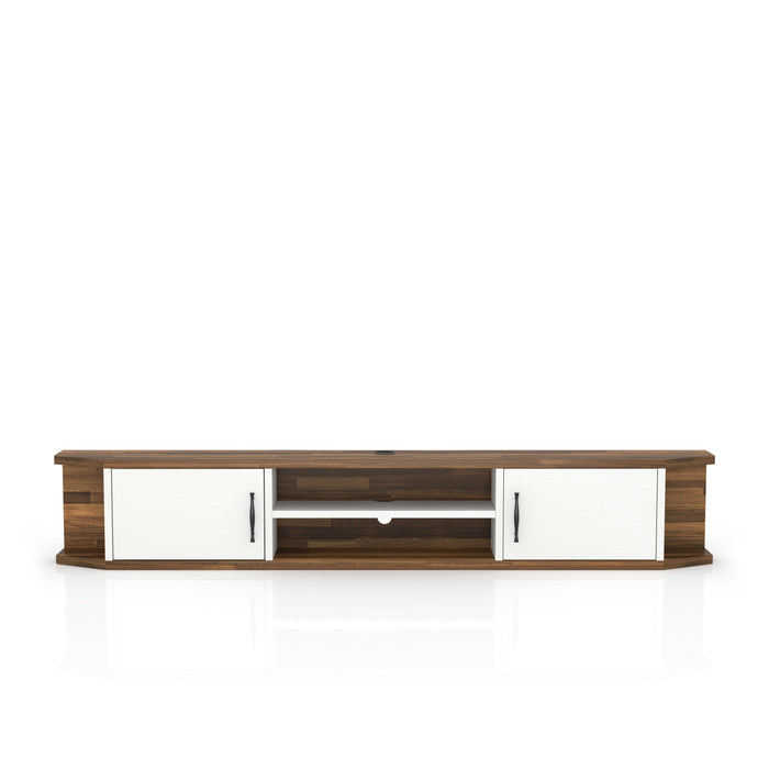 Front-facing mid-century modern white floating TV console with two doors on a white background