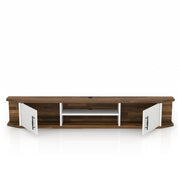 Front-facing mid-century modern white floating TV console with two doors open on a white background