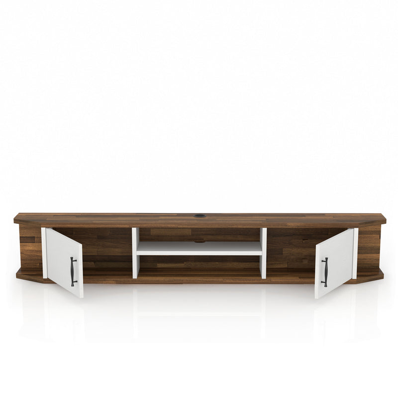 Front-facing mid-century modern white floating TV console with two doors open on a white background