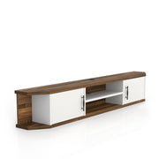 Right angled mid-century modern white floating TV console with two doors on a white background