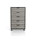 Front facing five drawer dresser in a vintage gray oak finish on a white backgrounds
