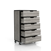 Right angled opened five drawer dresser in a vintage gray oak finish on a white background