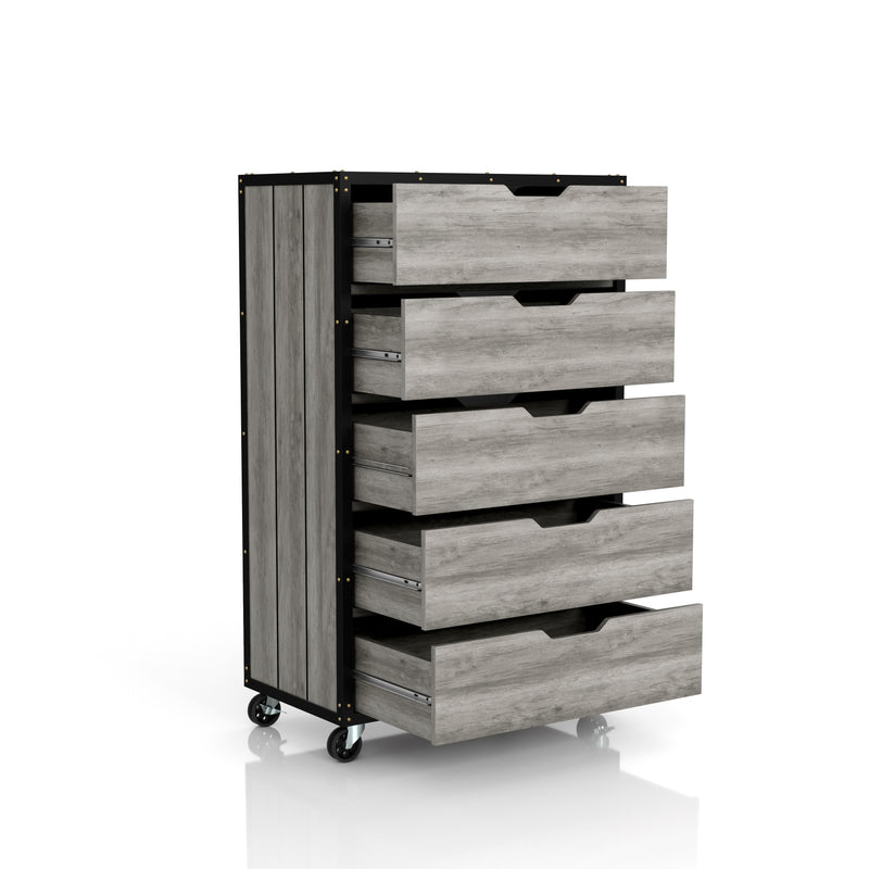 Right angled opened five drawer dresser in a vintage gray oak finish on a white background