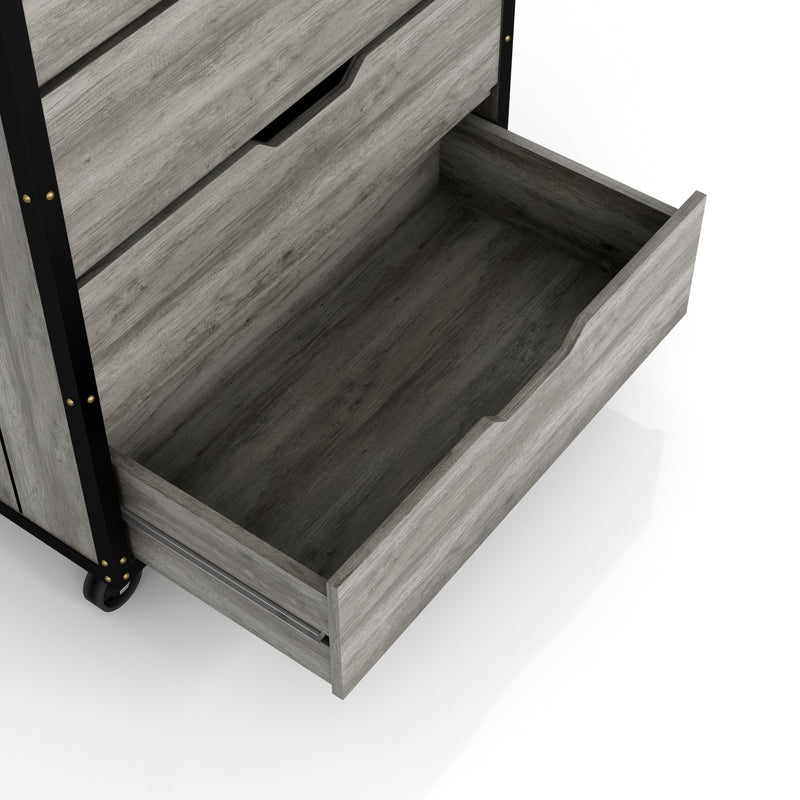 Right angled close up drawer of dresser in a vintage gray oak finish on a white background