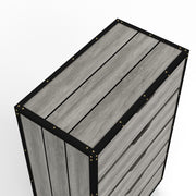 Right angled close up top five drawer of dresser in a vintage gray oak finish on a white background