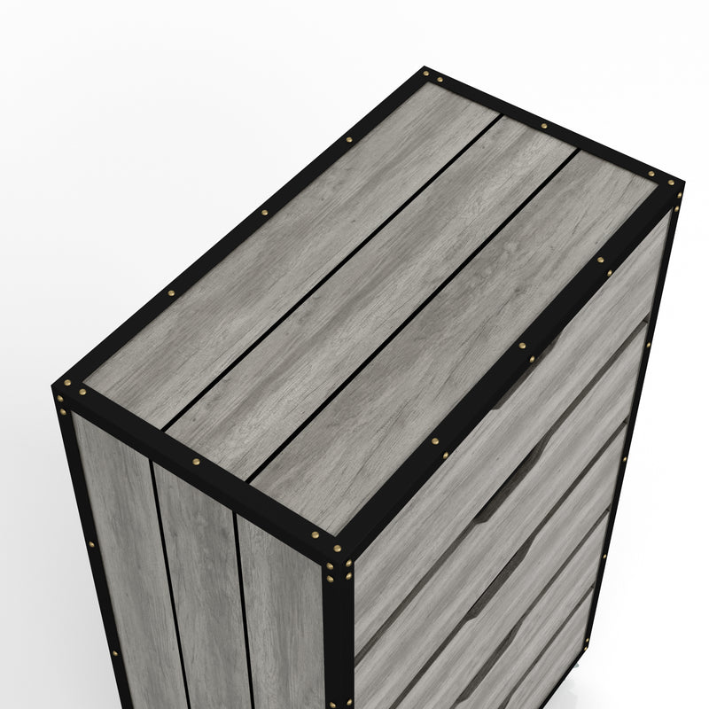 Right angled close up top five drawer of dresser in a vintage gray oak finish on a white background