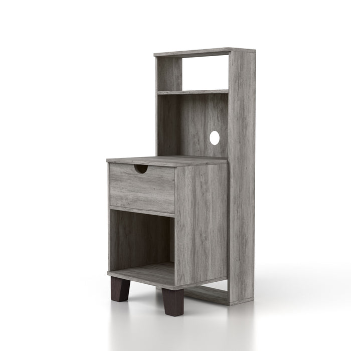 Left-angled transitional vintage gray finish wood one-drawer nightstand with fixed shelf on white background