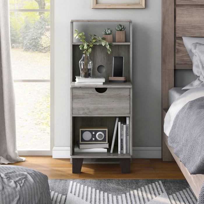 Front-facing transitional vintage gray finish wood one-drawer nightstand with fixed shelf in a modern farmhouse bedroom with accessories
