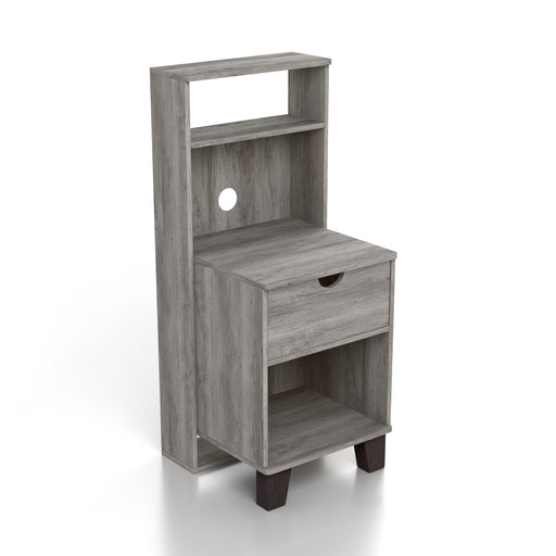 Right-angled transitional vintage gray finish wood one-drawer nightstand with fixed shelf on white background