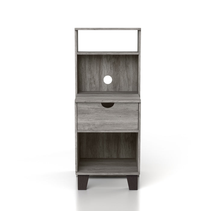 Front-facing transitional vintage gray finish wood one-drawer nightstand with fixed shelf on white background