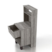 Left-angled top-view transitional vintage gray finish wood one-drawer nightstand with fixed shelf and opened drawer on white background