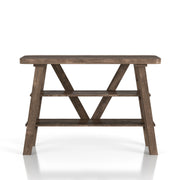 Front facing two shelf console table in a reclaimed oak finish on a white background