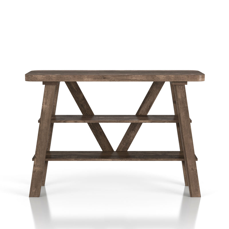 Front facing two shelf console table in a reclaimed oak finish on a white background
