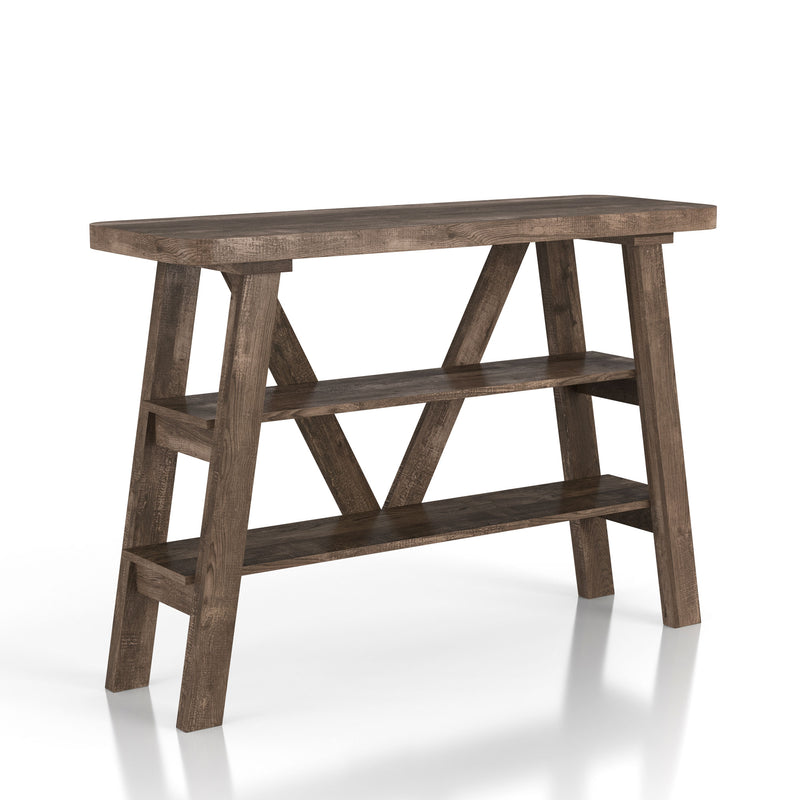 Right angled two shelf console table in a reclaimed oak finish on a white background