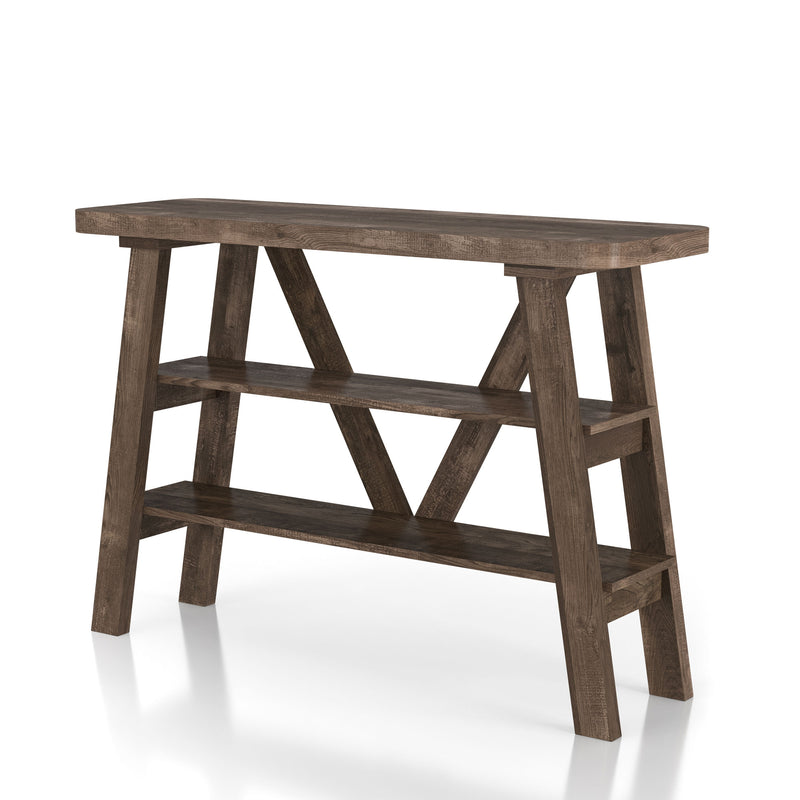 Left angled two shelf console table in a reclaimed oak finish on a white background