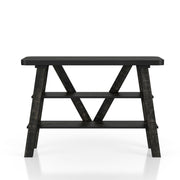 Front facing two shelf console table in a reclaimed black oak finish on a white background