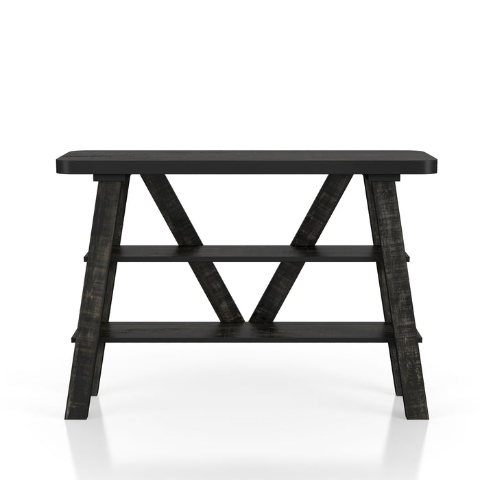 Front facing two shelf console table in a reclaimed black oak finish on a white background