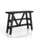 Right angled two shelf console table in a reclaimed black oak finish on a white background