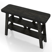 Left angled two shelf console table in a reclaimed black oak finish on a white background