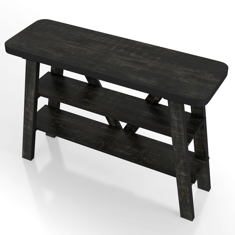 Left angled two shelf console table in a reclaimed black oak finish on a white background