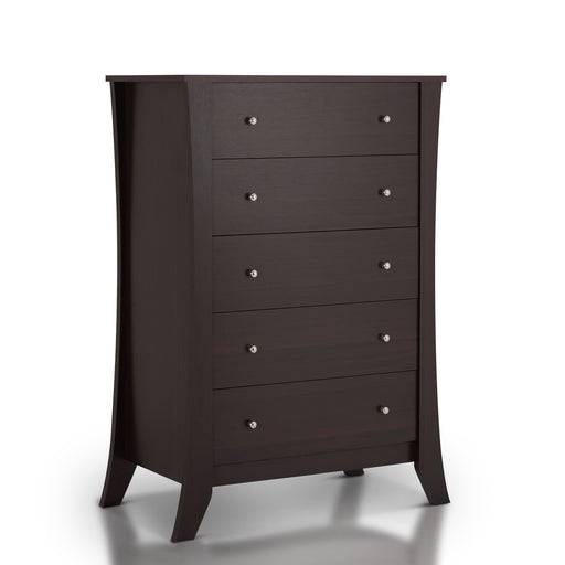 Right-angled espresso 5-drawer chest against a white background. Curved leg panels and double knobbed drawers create a suit-inspired formal look.