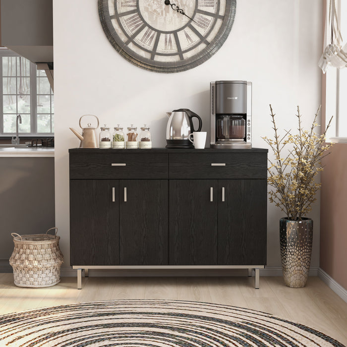 Right angled contemporary black four-door two drawer buffet in a dining area with accessories