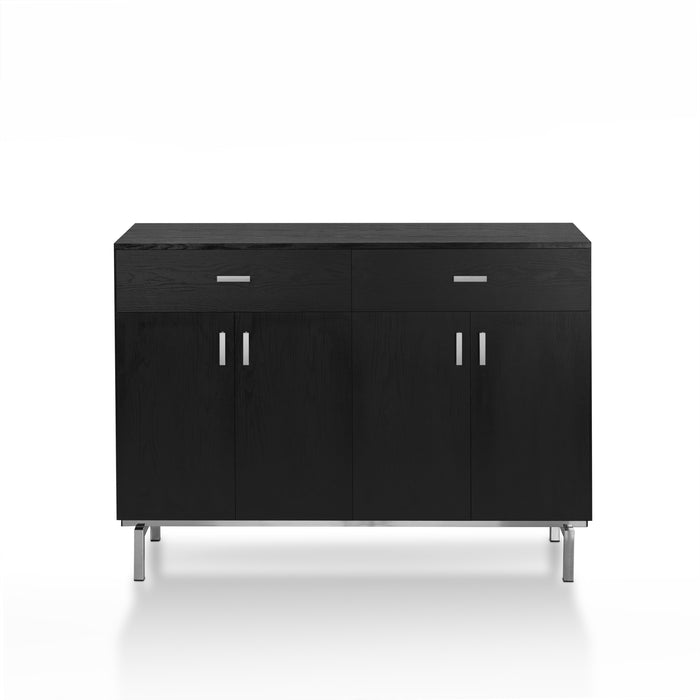 Front-facing contemporary black four-door two drawer buffet in a dining area with accessories