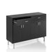 Front-facing contemporary black four-door two drawer buffet on a white background