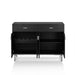 Right angled contemporary black four-door two drawer buffet with one drawer open on a white background