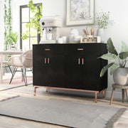 Left-angled black and rose gold accented wine bar cabinet in a chic home. The buffet displays an espresso machine for a coffee bar experience.