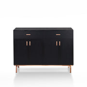Front-facing black and rose gold accented wine bar cabinet against a white background. Two drawers sit on top of two double-door cabinets. The rose gold bar pulls match the base frame of the sideboard.