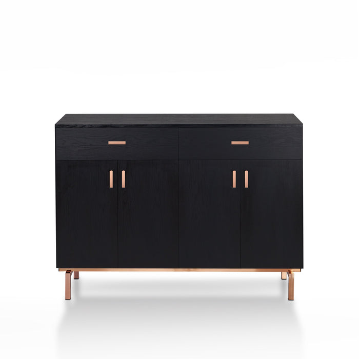 Front-facing black and rose gold accented wine bar cabinet against a white background. Two drawers sit on top of two double-door cabinets. The rose gold bar pulls match the base frame of the sideboard.