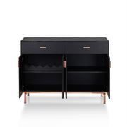 Front-facing black and rose gold accented wine bar cabinet against a white background. The 2 open double-door cabinets reveal a 5-bottle wine rack and 3 shelves.