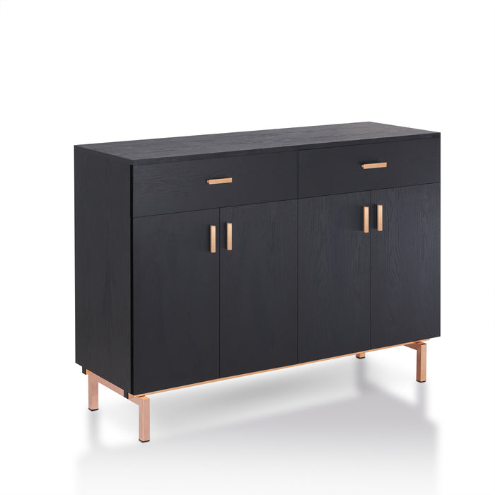 Right-angled black and rose gold accented wine bar cabinet against a white background. Two drawers sit on top of two double-door cabinets. The rose gold bar pulls match the base frame of the sideboard.
