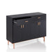 Right-angled black and rose gold accented wine bar cabinet against a white background. One drawer opens on metal glides.