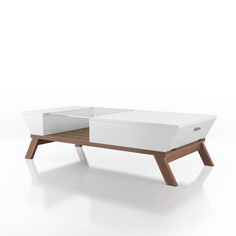 Browson Mid-Century Modern Glass Insert Pull-Down Cabinet Coffee Table